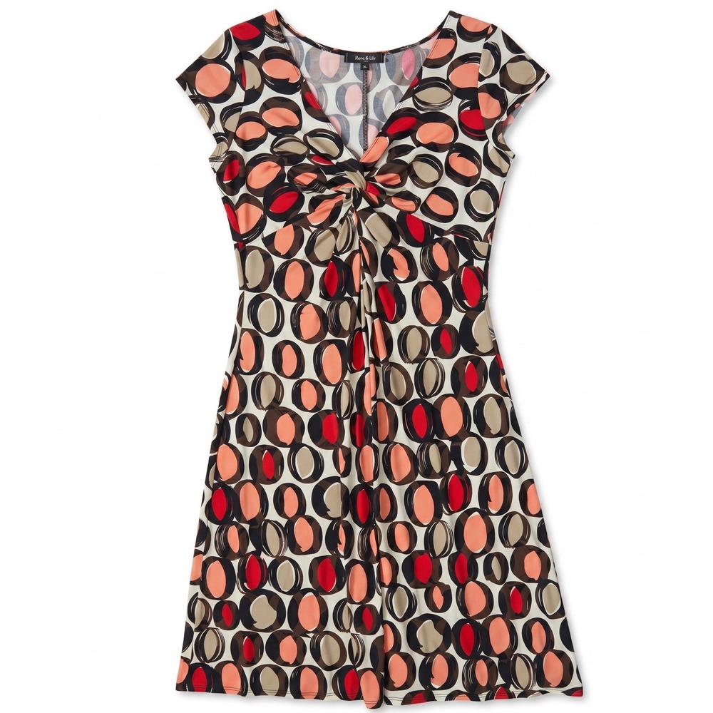 Lily Geometric Circle Print Twist Front Fit & Flare Dress Red Black XL